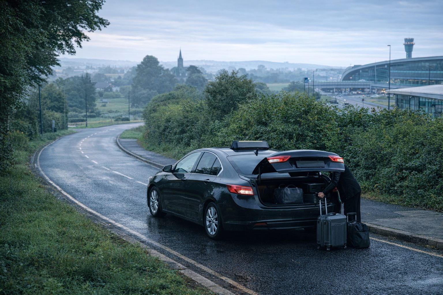 Early morning Kildare airport taxi with luggage before a Dublin Airport journey
